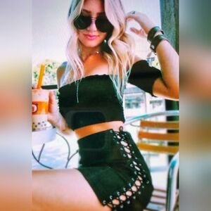 CARMAR 🔥 NEW 🔥 BLACK TIGHT DENIM LACED-UP SIDES SEXY MINI SKIRT Size 26 /Sm